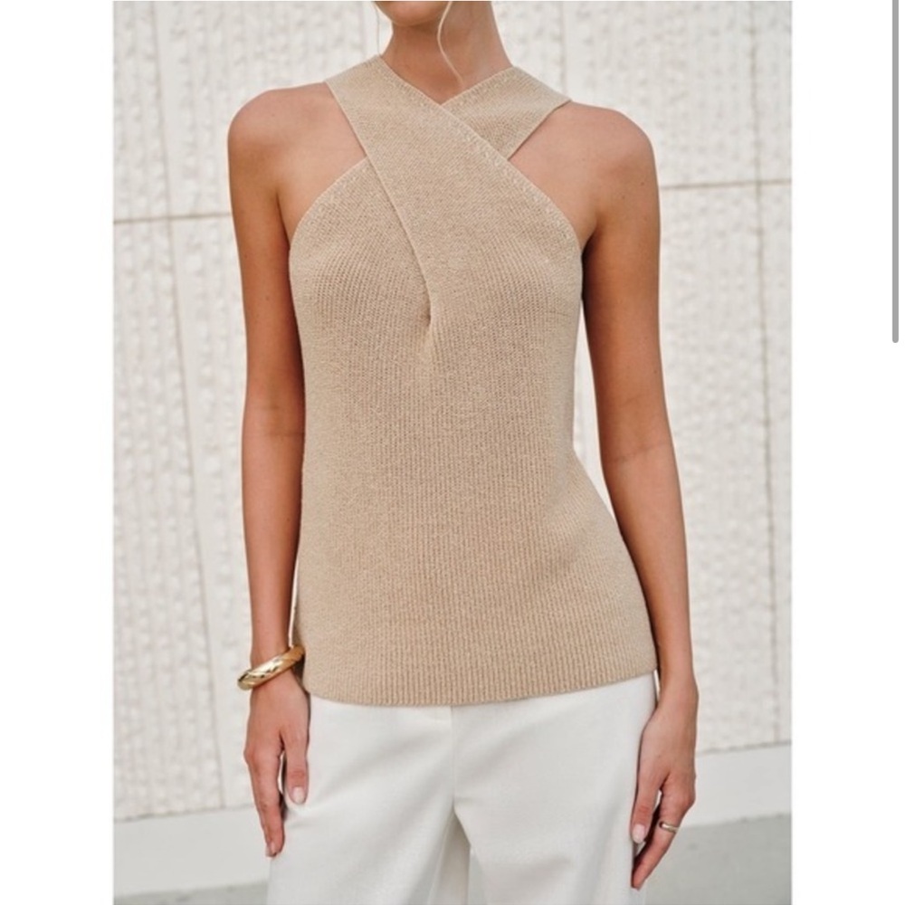 Elegant Tan Women's Cross Neck Halter Top